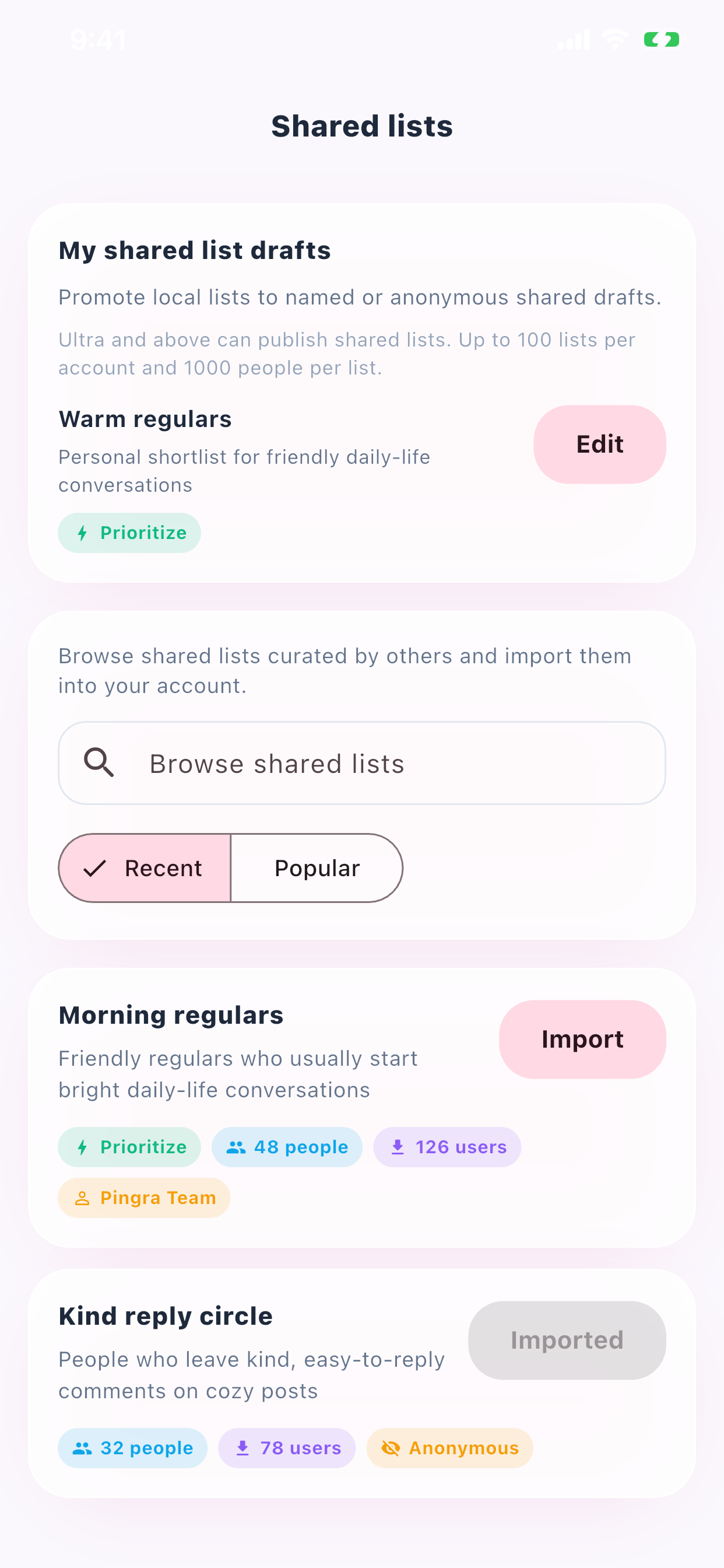 Pingra shared list screenshot